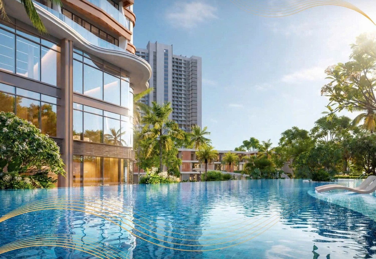 Hồ bơi vô cực dưới chân tháp căn hộ Alora
