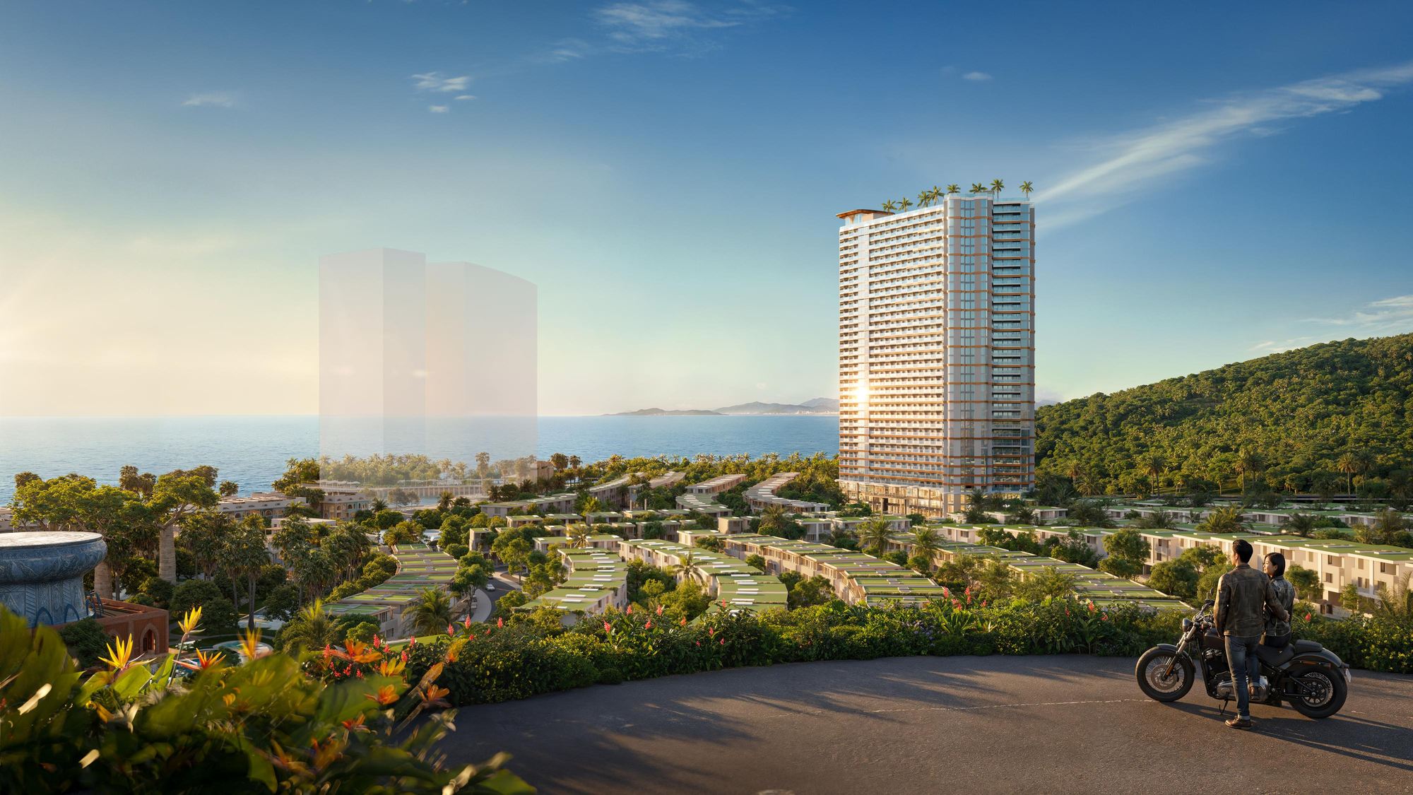 Phối cảnh tháp căn hộ Vega Alora Residences trong quần thể Libera lúc hoàng hôn, xung quanh là khu thấp tầng và vịnh Bắc Nha Trang