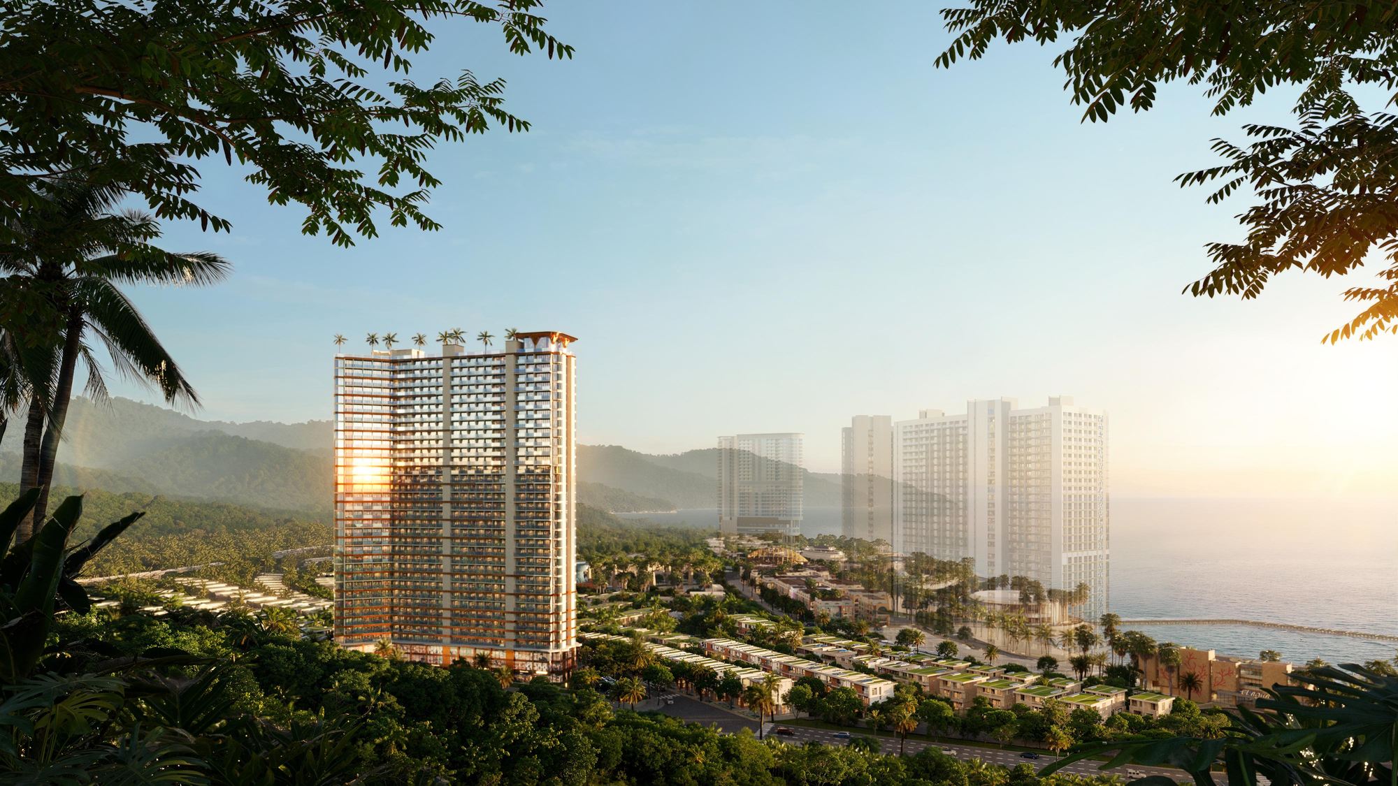 Tháp căn hộ Vega Alora nhìn qua tán cây lúc hoàng hôn, phía sau là khu thấp tầng và biển