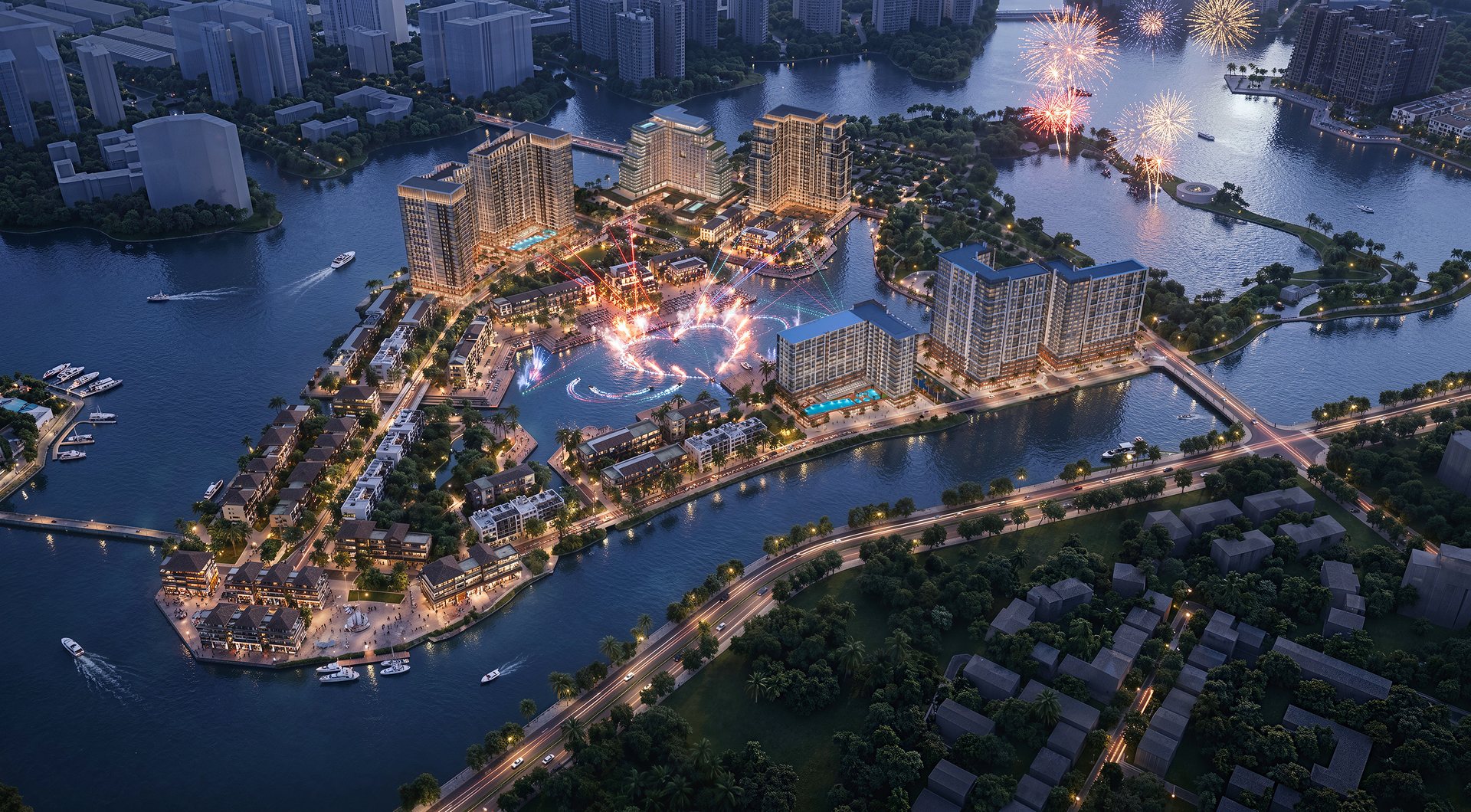 Festival Island Charmora City về đêm — nhạc nước, pháo hoa và phố lễ hội trên mặt nước