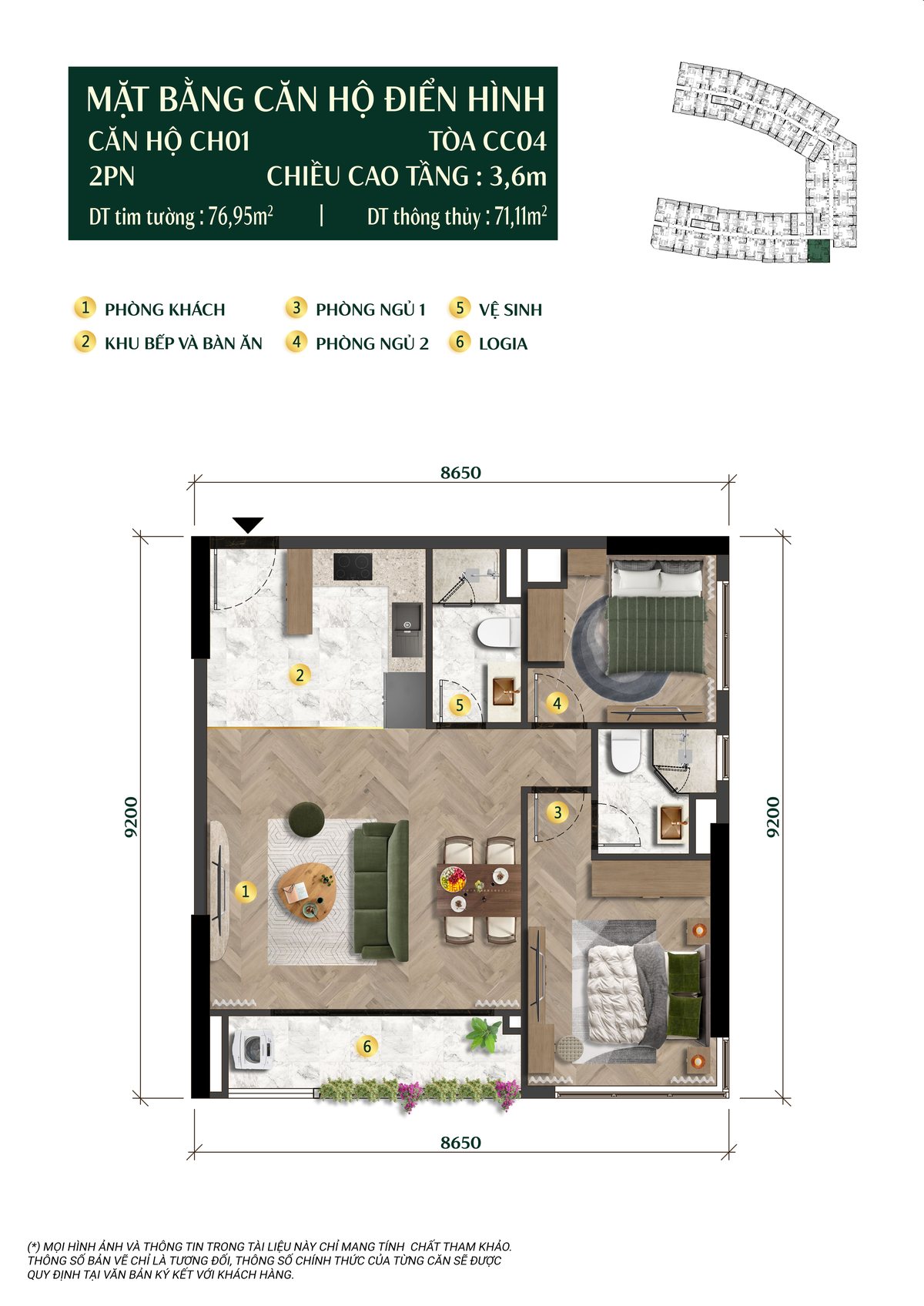 Layout can 2 phong ngu CH01 71,11 m2 thong thuy toa The Charm CC04