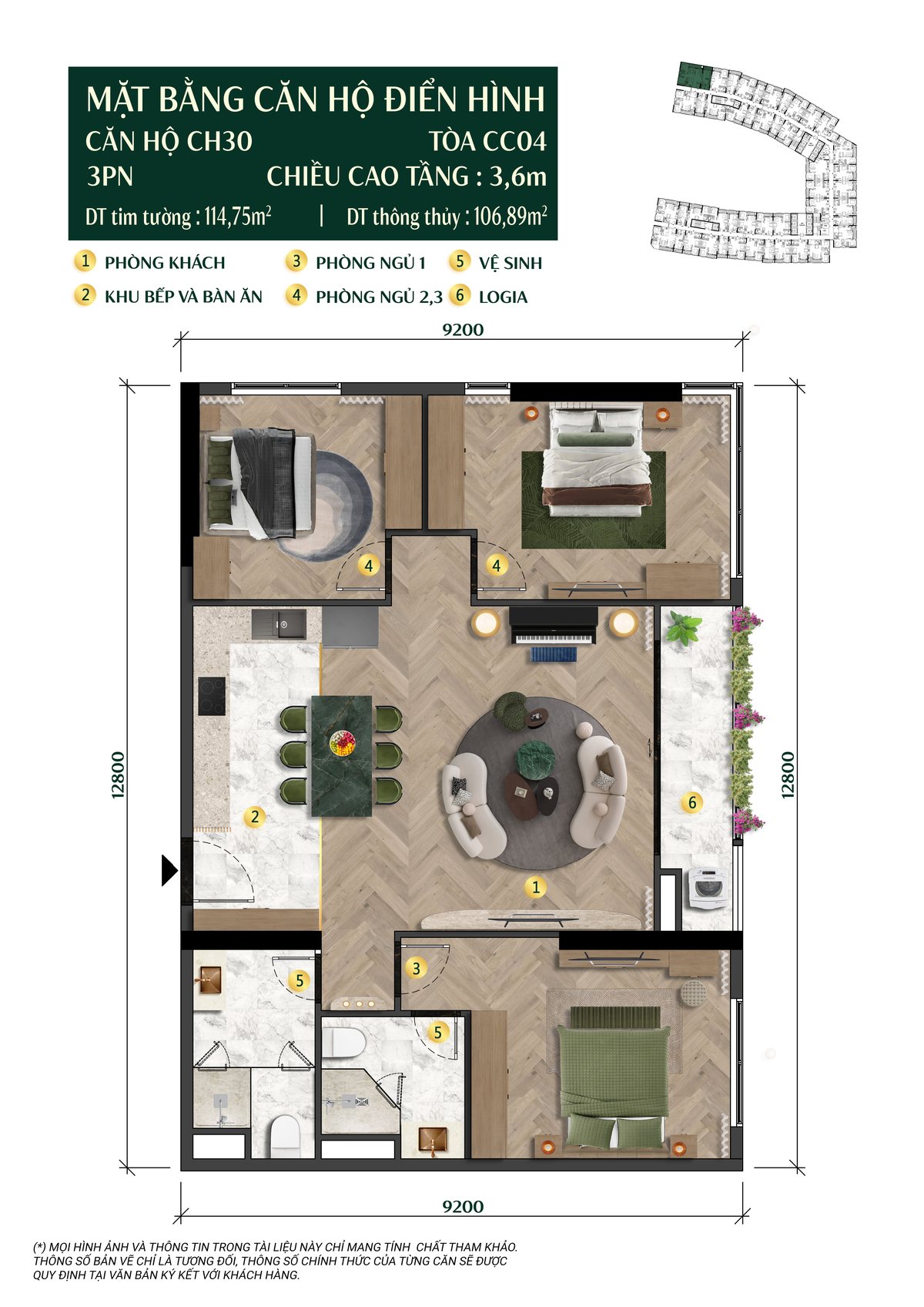 Layout can 3 phong ngu CH30 106,89 m2 thong thuy toa The Charm CC04