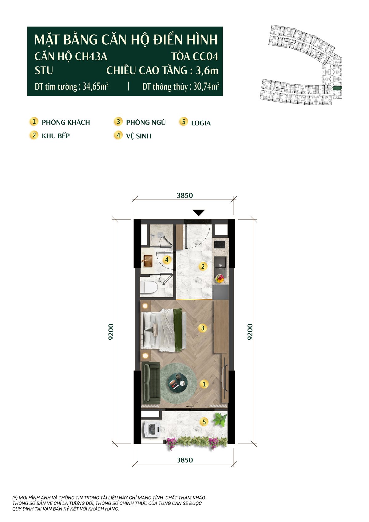 Layout can Studio CH43A 30,74 m2 thong thuy toa The Charm CC04