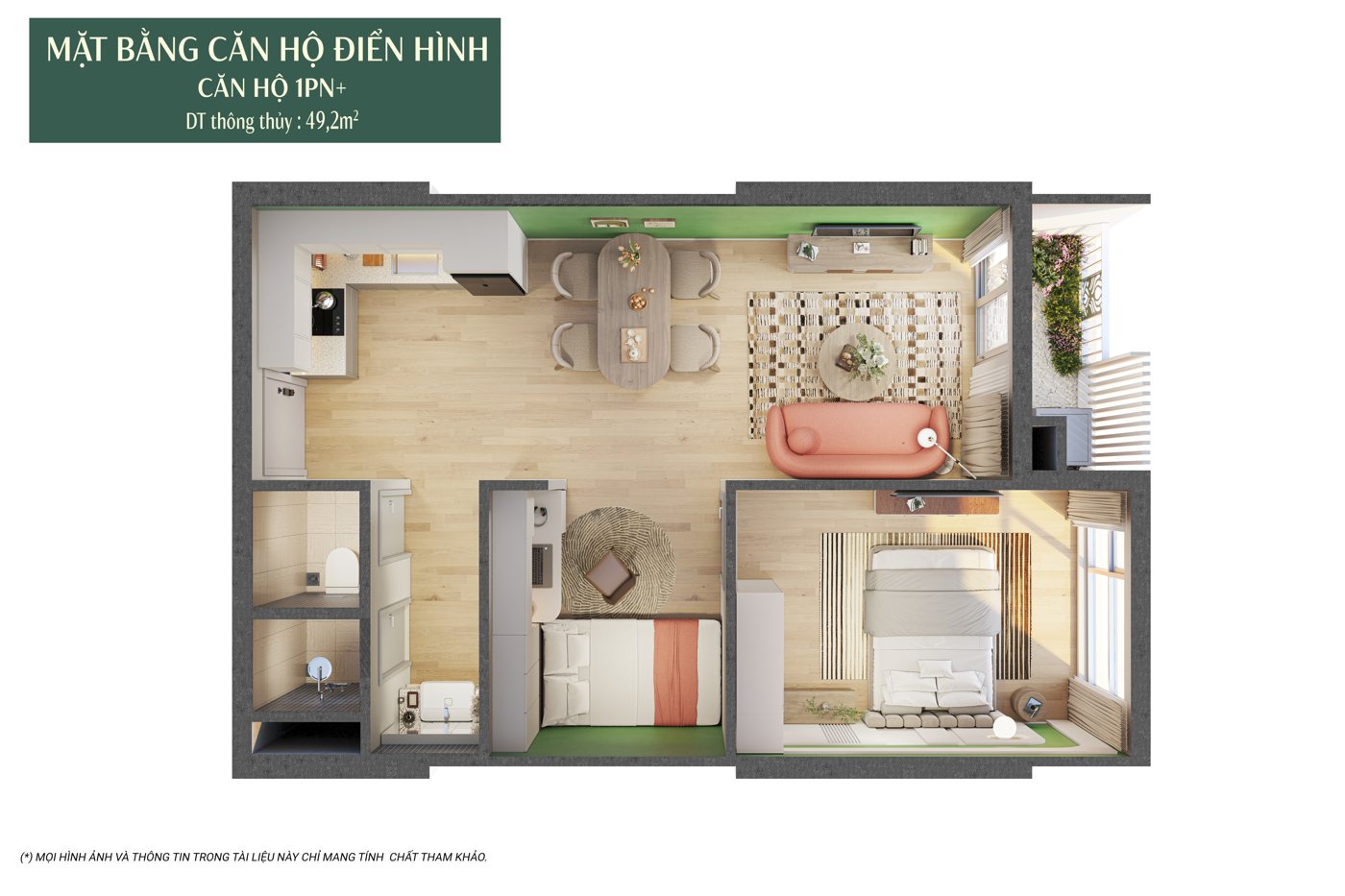 Layout can ho 1PN Plus 49,2 m2 hai WC toa F2 The Fest 2 Charmora City