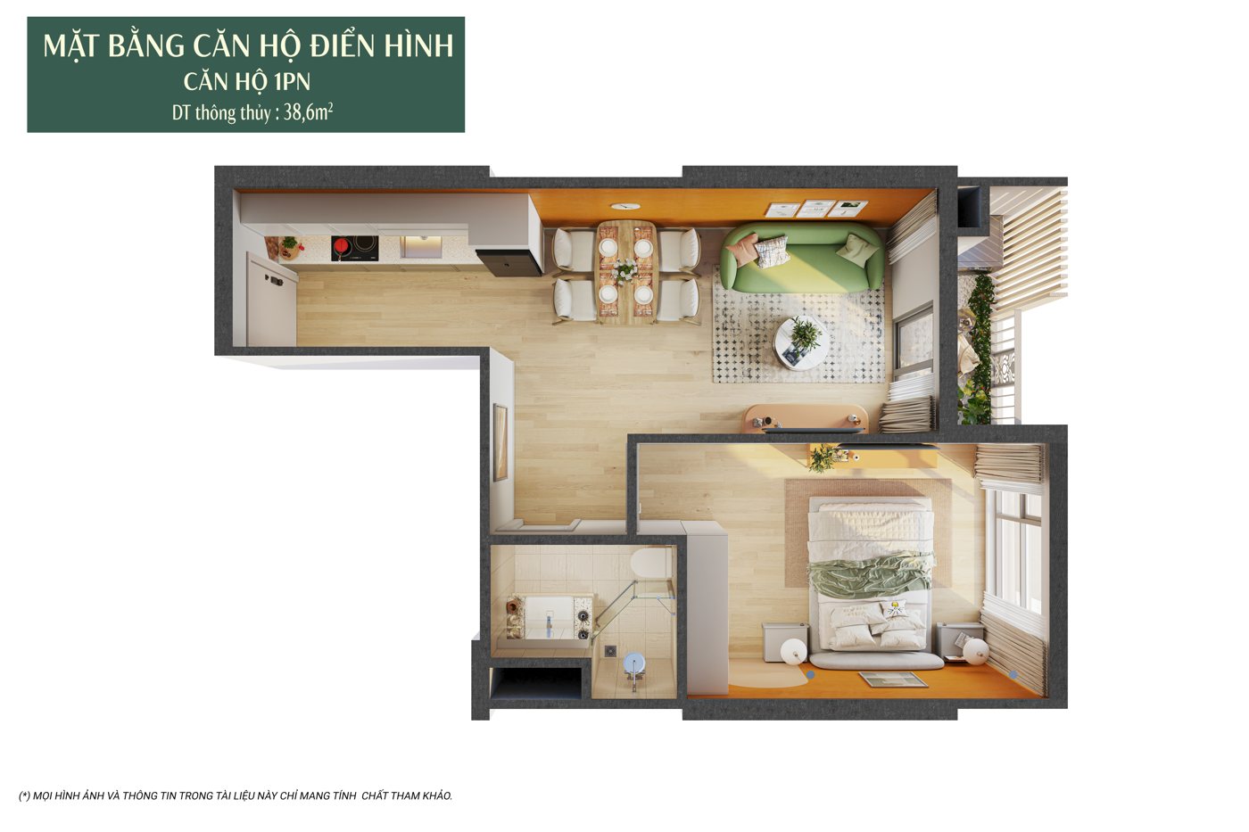 Layout can ho 1 phong ngu 38,6 m2 toa F2 The Fest 2 Charmora City
