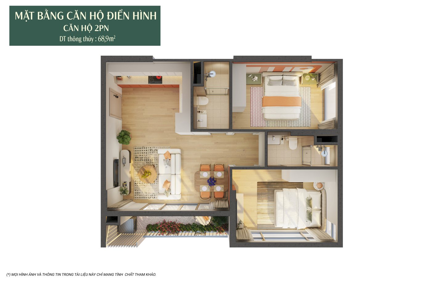 Layout can ho 2 phong ngu 68,9 m2 toa F2 The Fest 2 Charmora City