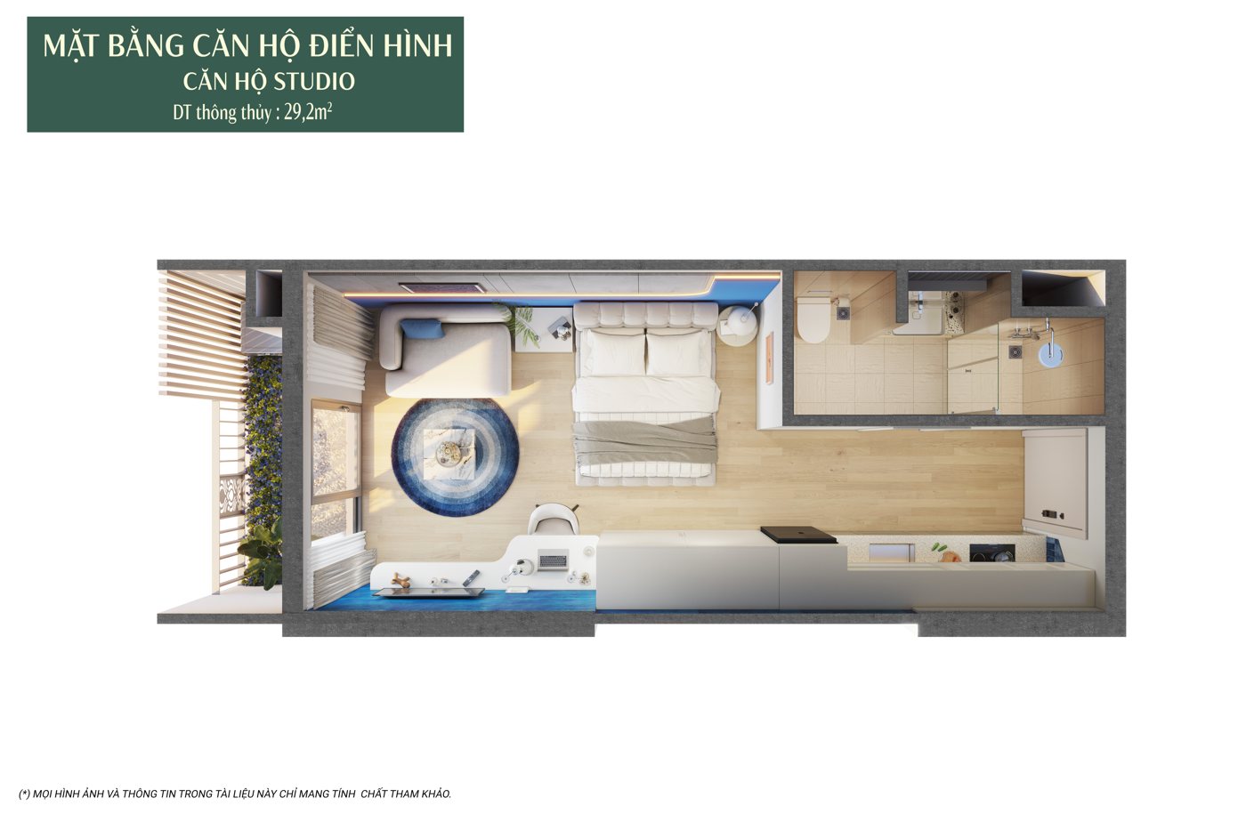 Layout căn Studio 29,2 m2 thong thuy toa F2 The Fest 2 Charmora City