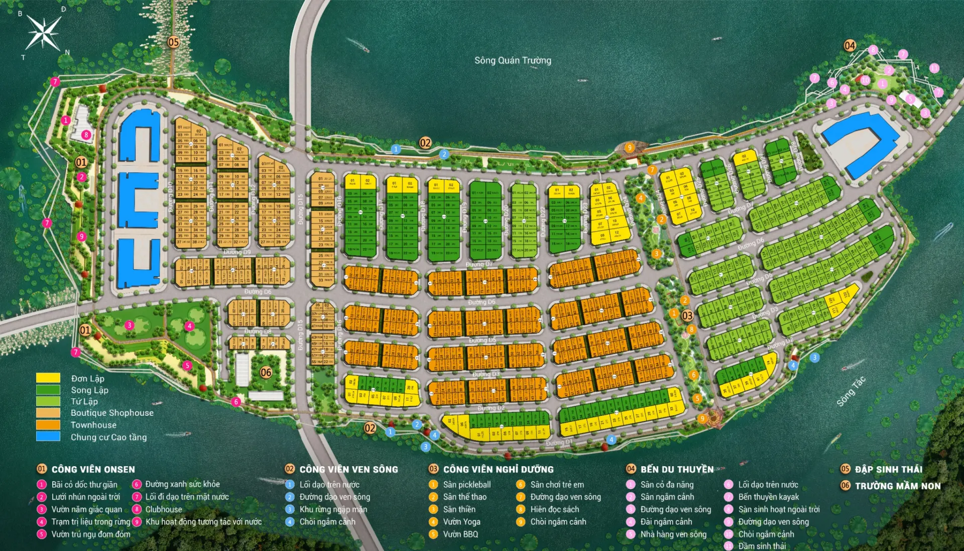 Tổng mặt bằng phân khu thấp tầng đảo An cư Charmora City — 857 căn shophouse, townhouse và biệt thự bên sông Quán Trường và sông Tắc