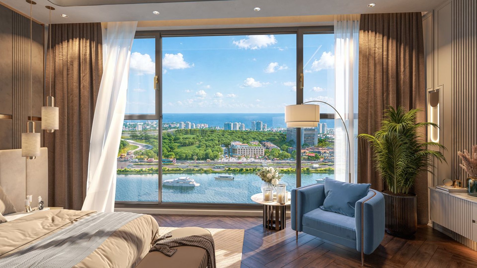 Phòng ngủ căn hộ tầng 24 Charmora City nhìn ra sông Quán Trường và biển Nha Trang phía xa