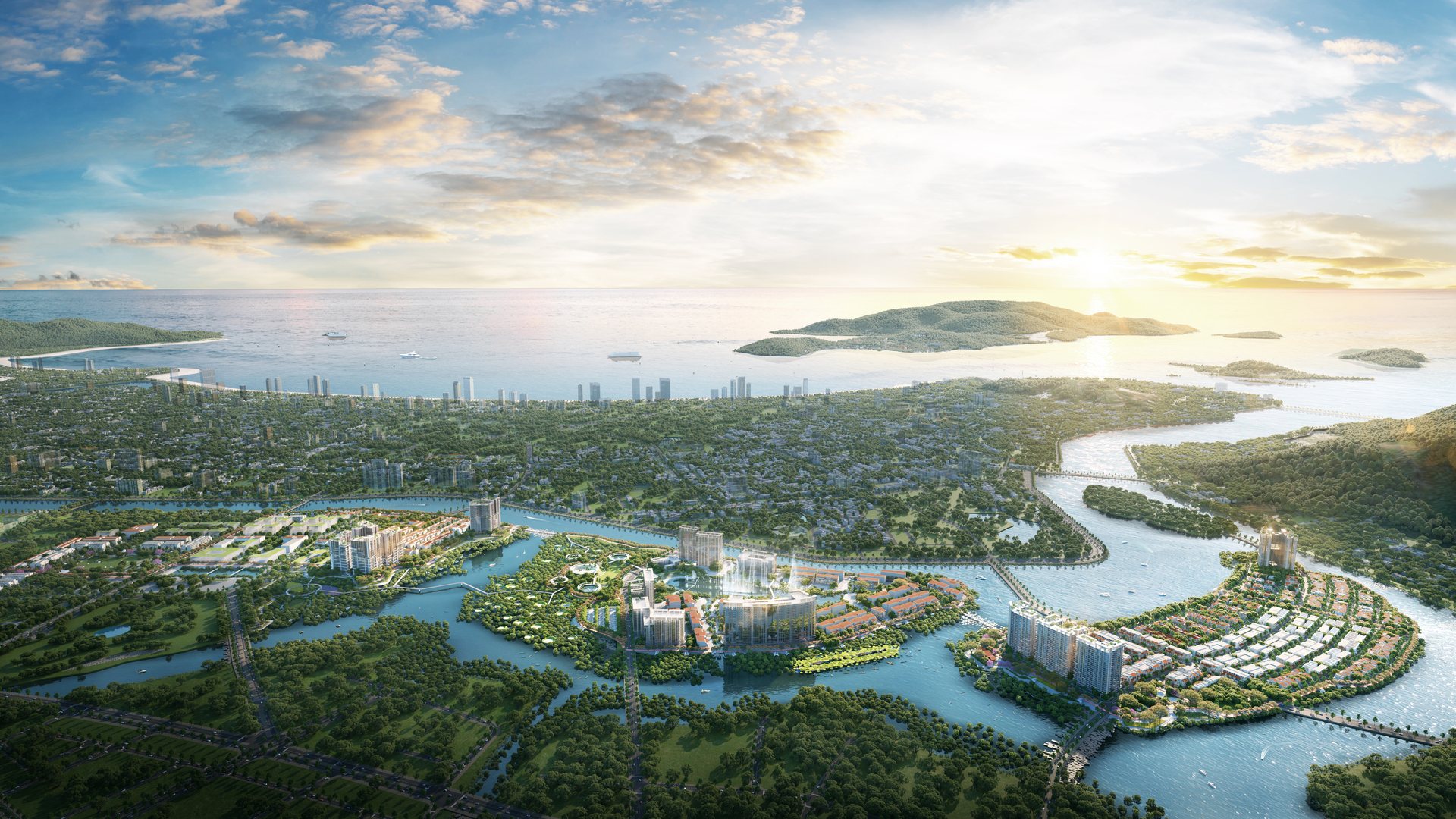 Toàn khu Charmora City nhìn ra biển và các đảo lúc hoàng hôn