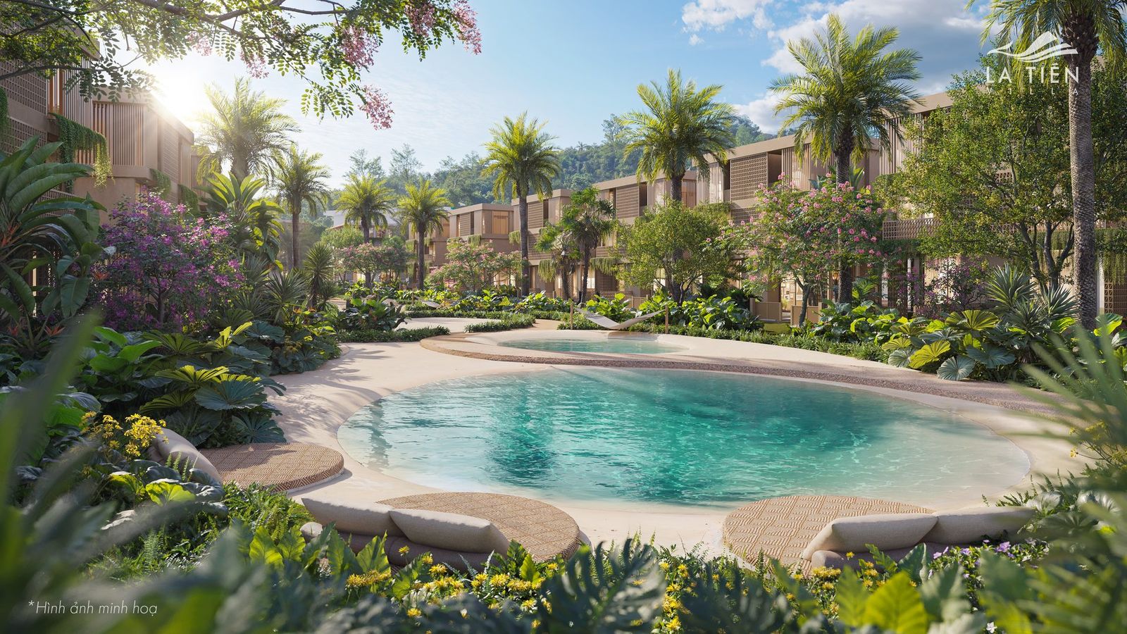 Phối cảnh khu biệt thự La Tiên Villa với villa, hồ bơi và cảnh quan mặt nước