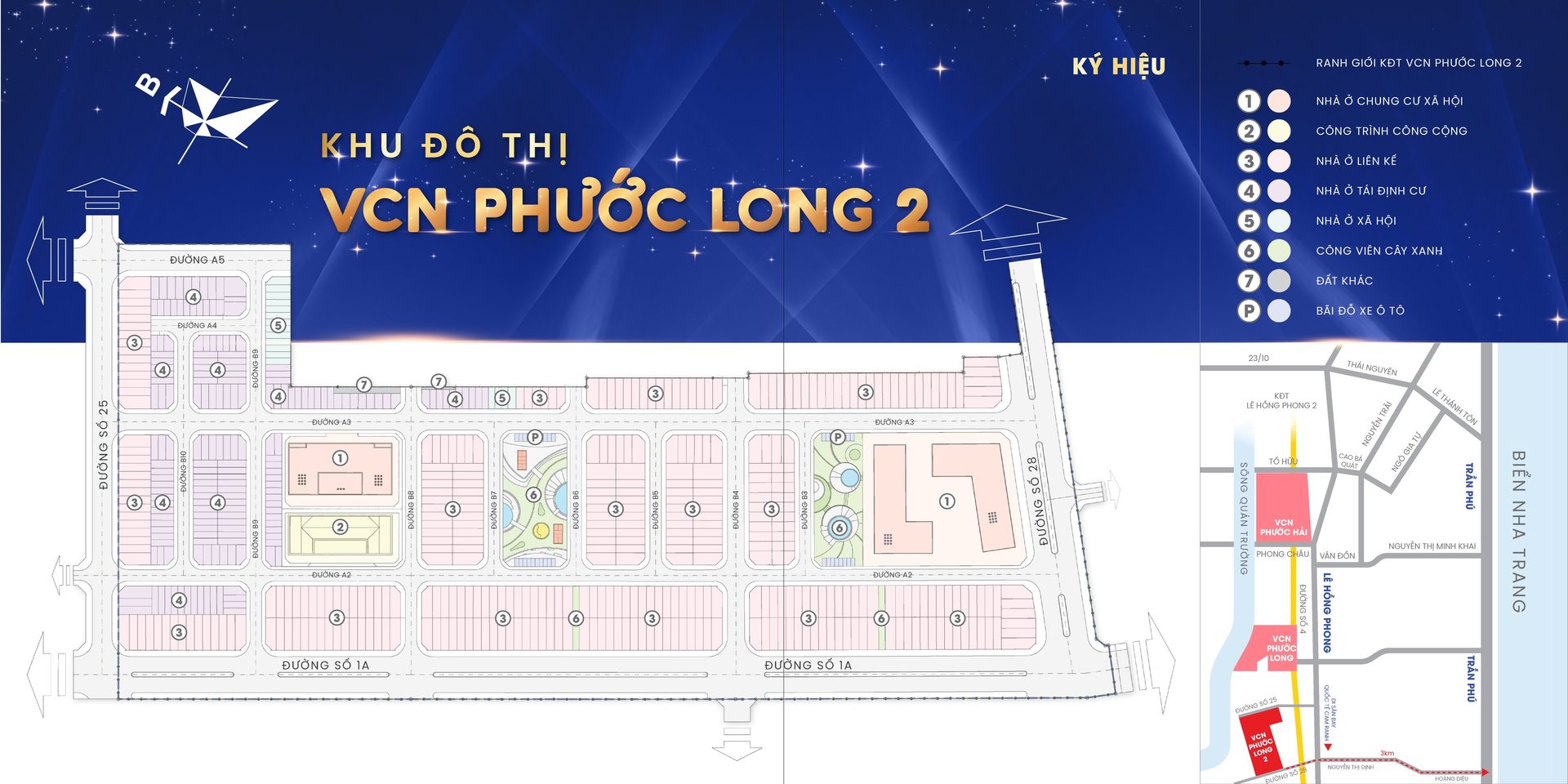 Mặt bằng phân khu và bản đồ vị trí khu đô thị VCN Phước Long 2 Nha Trang: nhà liền kề, chung cư, công viên, kết nối Lê Hồng Phong, Trần Phú, biển Nha Trang