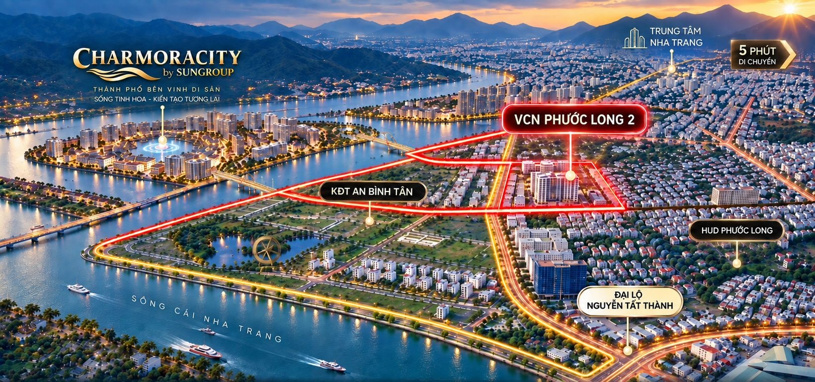 Vị trí VCN Phước Long 2 nhìn từ trên cao ban đêm, sát Charmora City và đại lộ Nguyễn Tất Thành