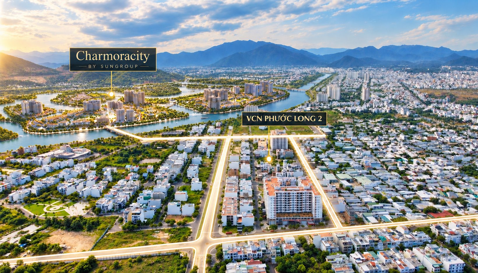 Toàn cảnh VCN Phước Long 2 ban ngày, khu phố đã ở kín, phía xa là Charmora City