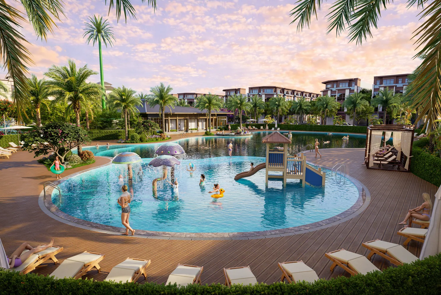 Hồ bơi ngoài trời trong công viên điểm nhấn Vinhomes Pearl Bay lúc hoàng hôn