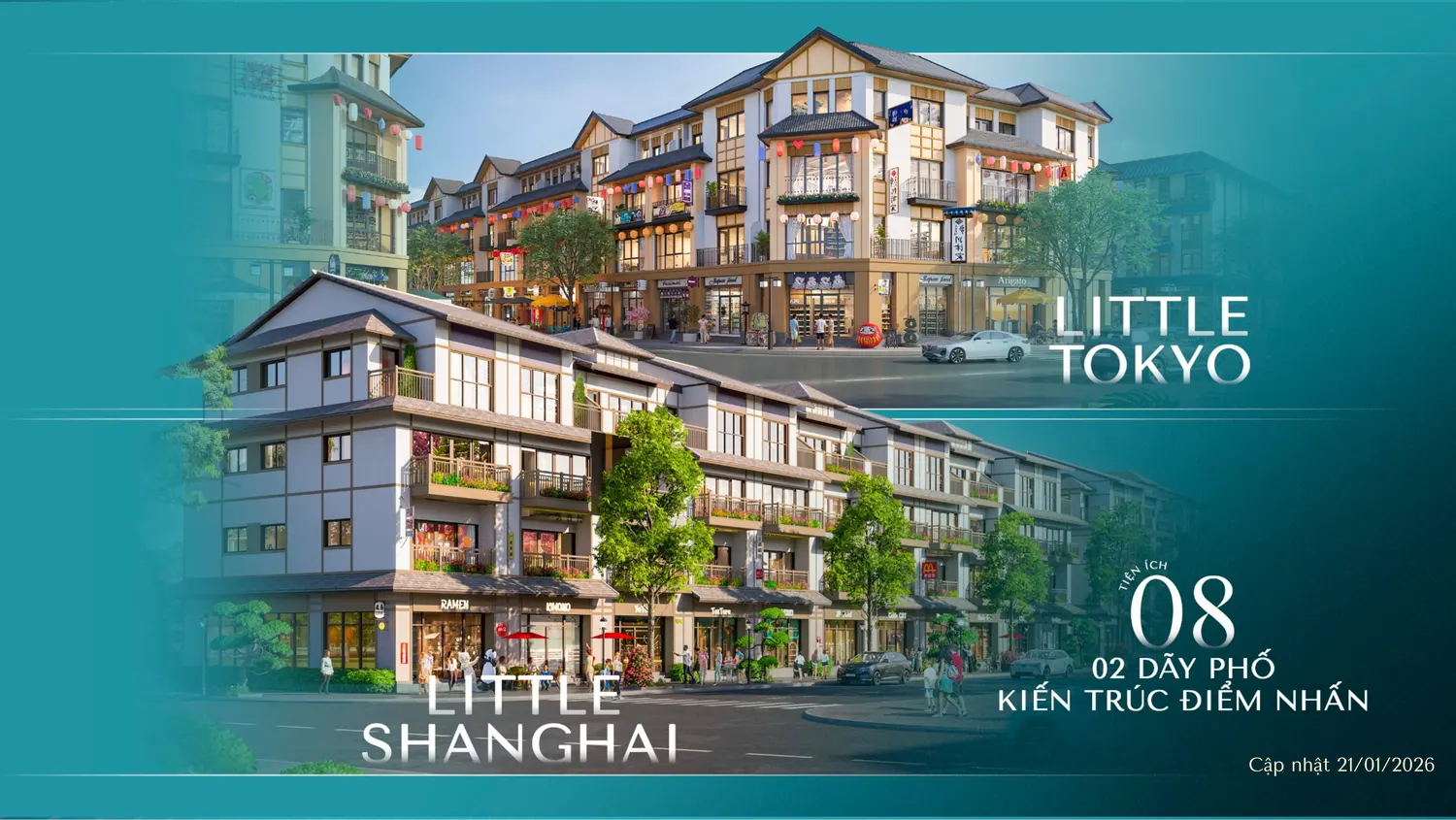 Hai dãy phố kiến trúc điểm nhấn Little Tokyo và Little Shanghai Vinhomes Pearl Bay