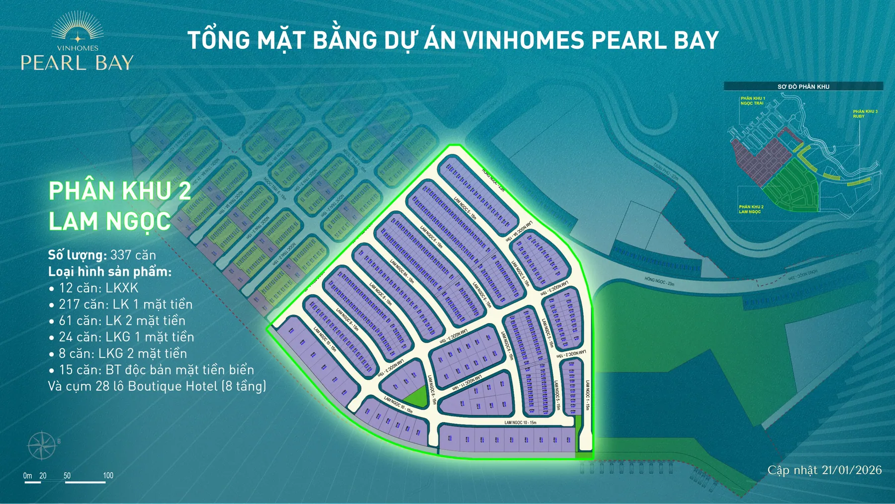 Sơ đồ phân khu 2 Lam Ngọc Vinhomes Pearl Bay với 337 căn