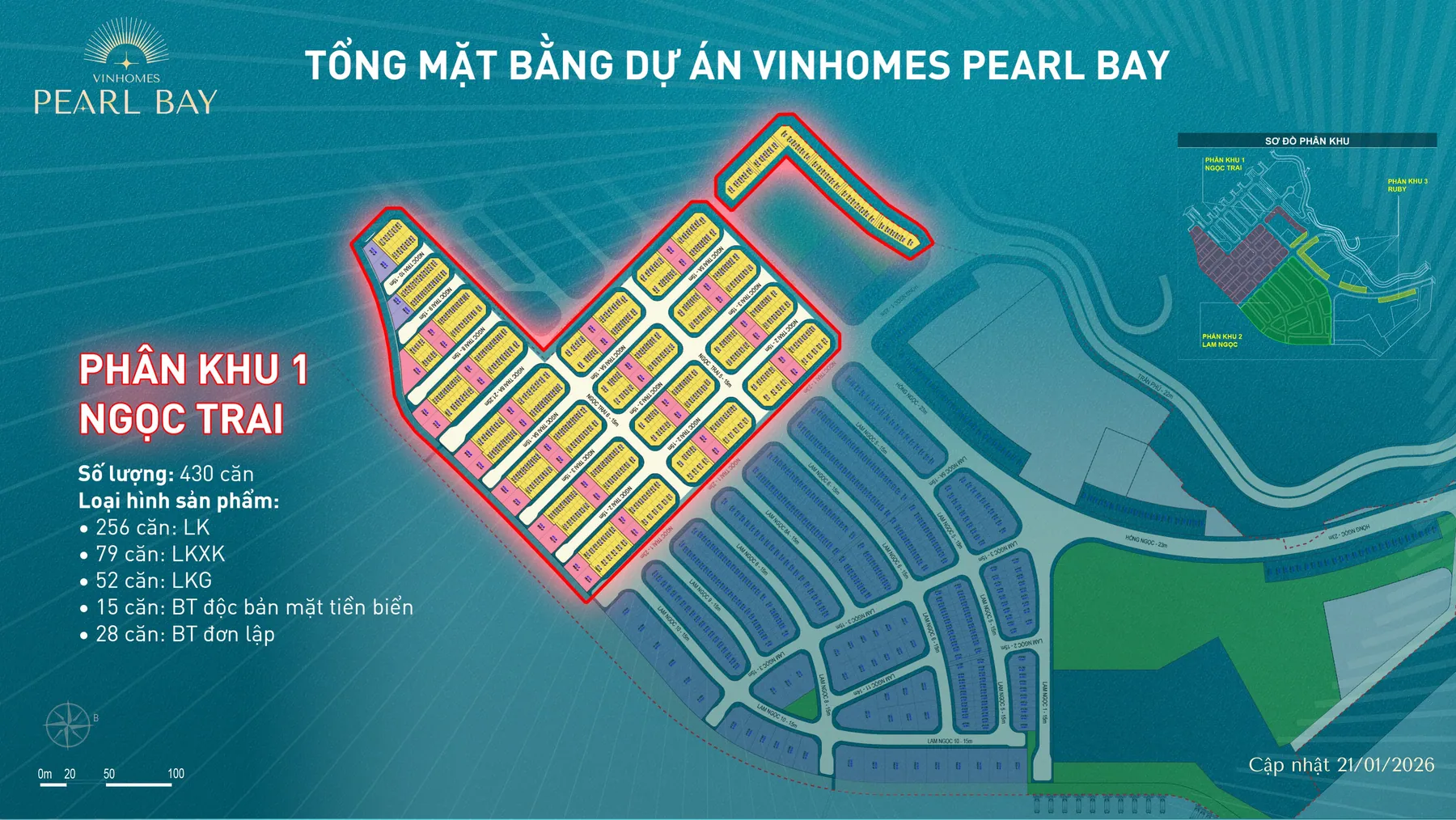 Sơ đồ phân khu 1 Ngọc Trai Vinhomes Pearl Bay với 430 căn