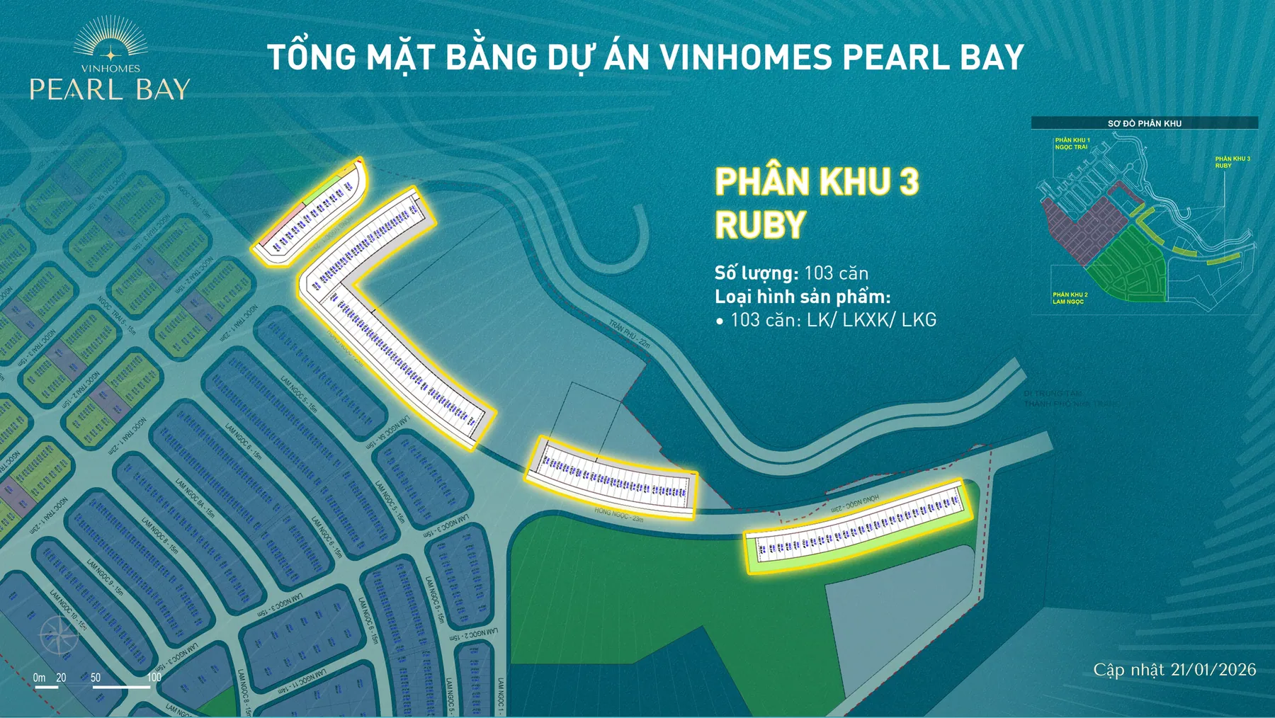 Sơ đồ phân khu 3 Ruby Hồng Ngọc Vinhomes Pearl Bay với 103 căn