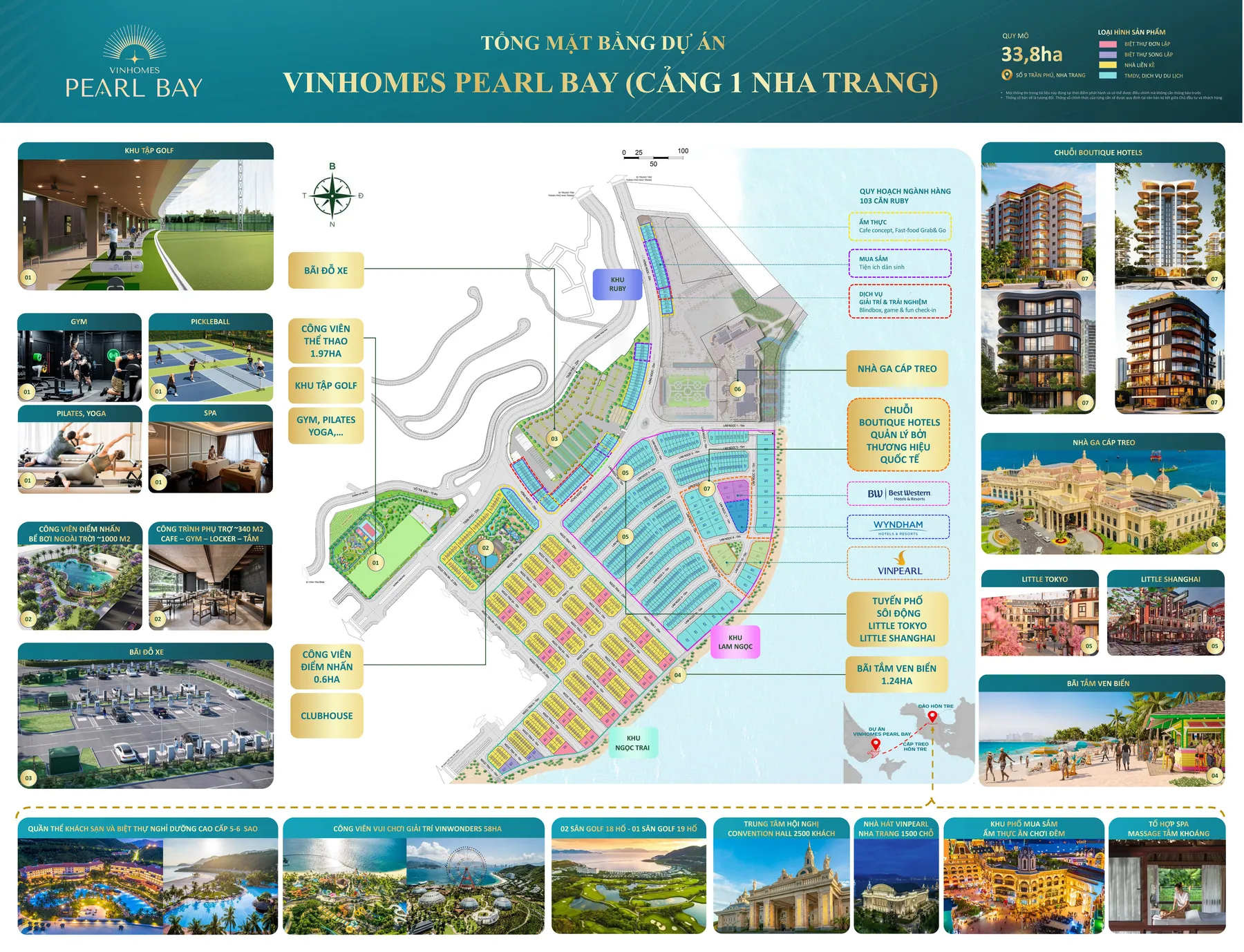 Tổng mặt bằng dự án Vinhomes Pearl Bay Cảng 1 Nha Trang, 33,8 ha với ba phân khu Ngọc Trai, Lam Ngọc và Ruby