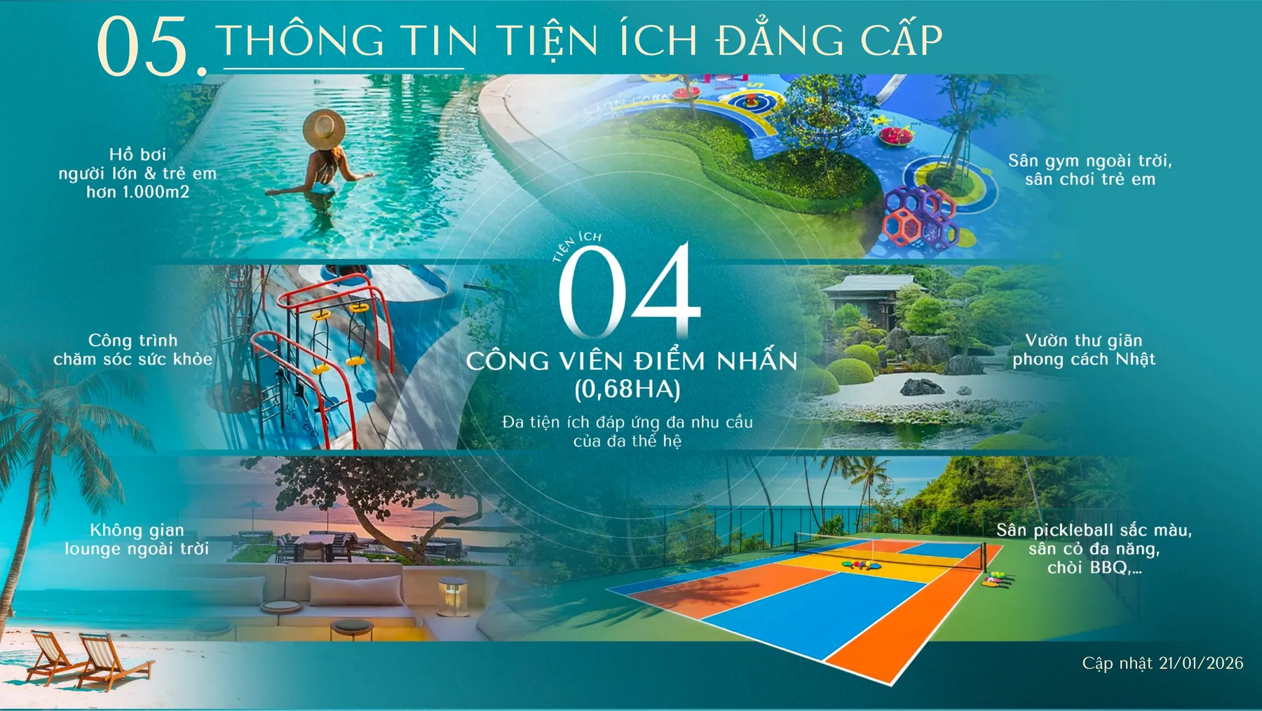 Công viên điểm nhấn Vinhomes Pearl Bay với hồ bơi ngoài trời, sân pickleball và vườn Nhật